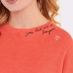 Sundry, Women's Red Long-Sleeve waffle Crewneck Top, embroidered (Medium)